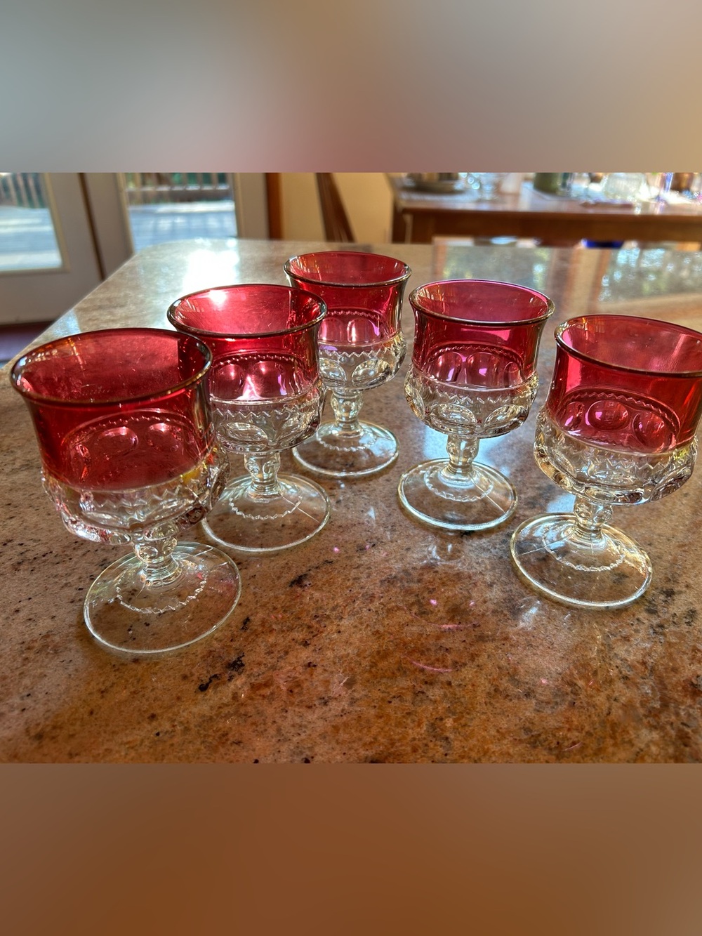 Tiffin Franciscan Glass Co. 1940 Red “Kings Crown Ruby”pattern (5) Wine Goblets